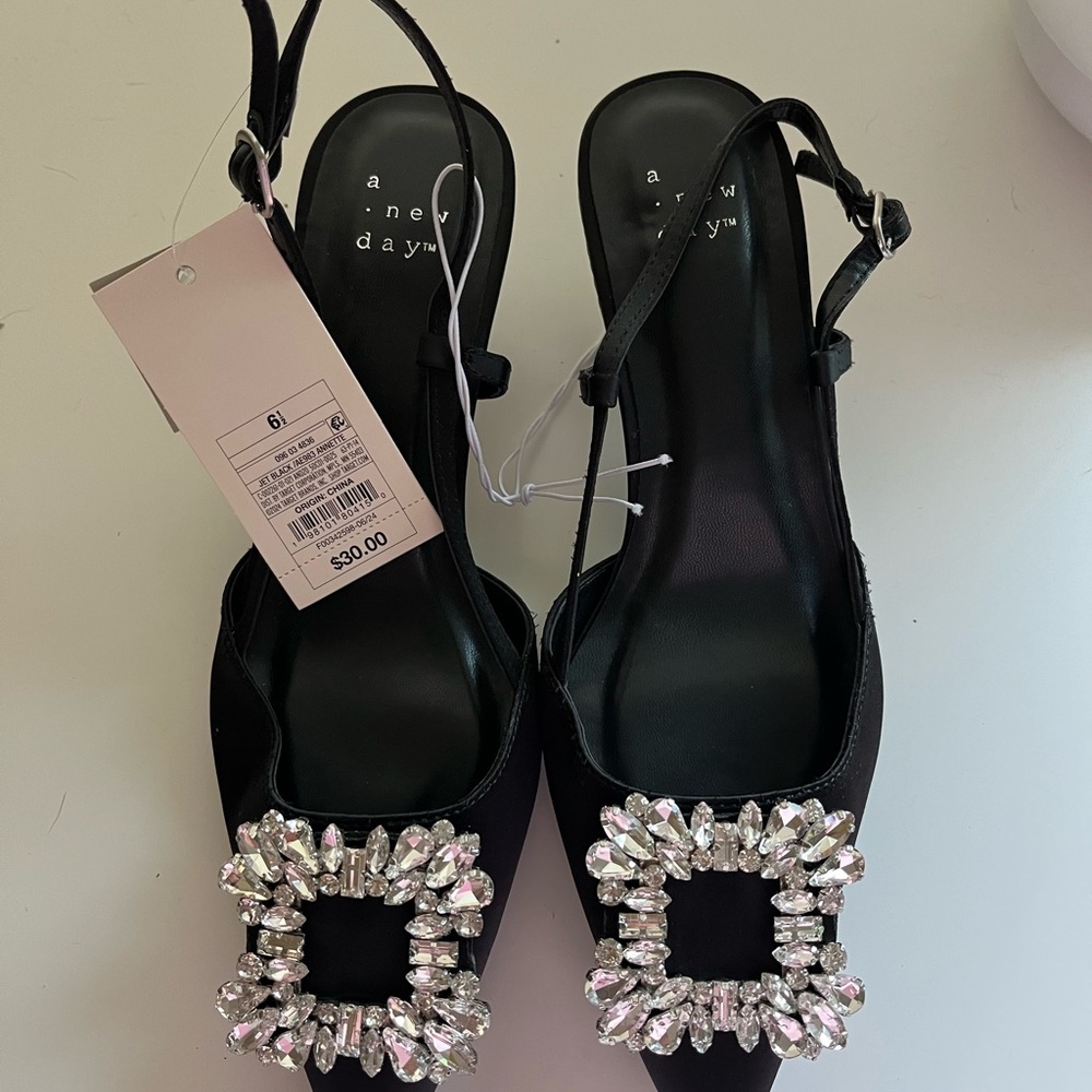 A New Day Women's Black Heels with Crystal Embellishments